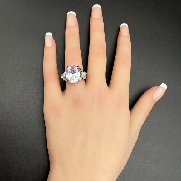 .925 Sterling Silver with Large Oval White Diamond Cubic Zirconia Ring Size 9 - Picture 8 of 10